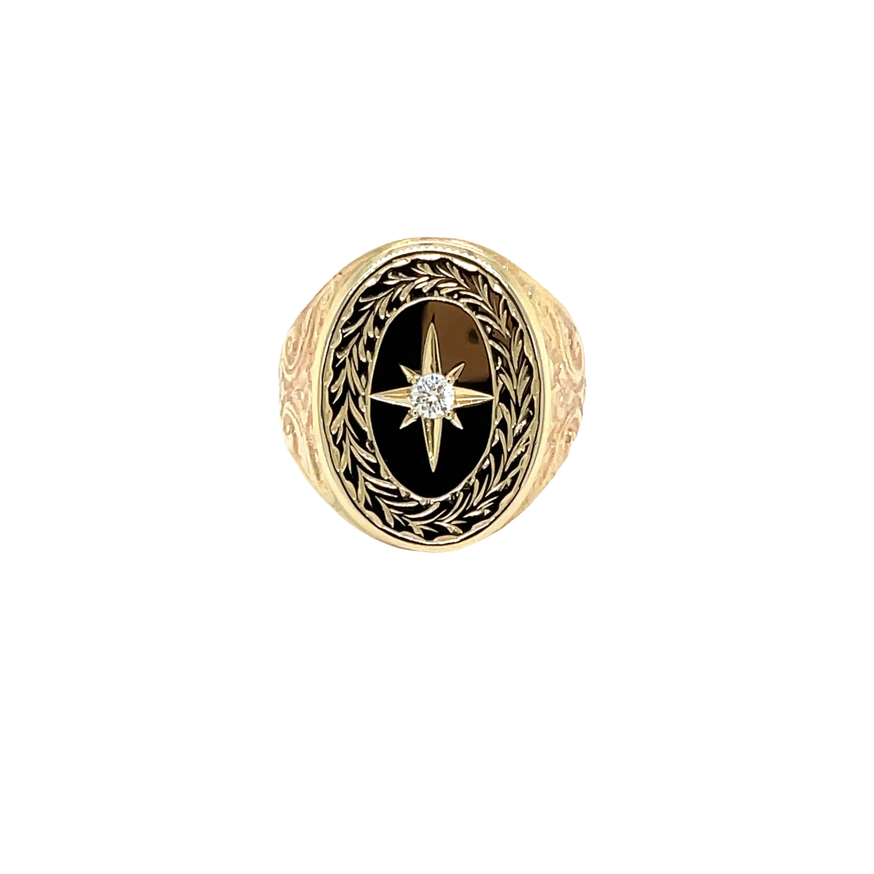 9ct Yellow Gold Oval Engraved Diamond Signet Ring