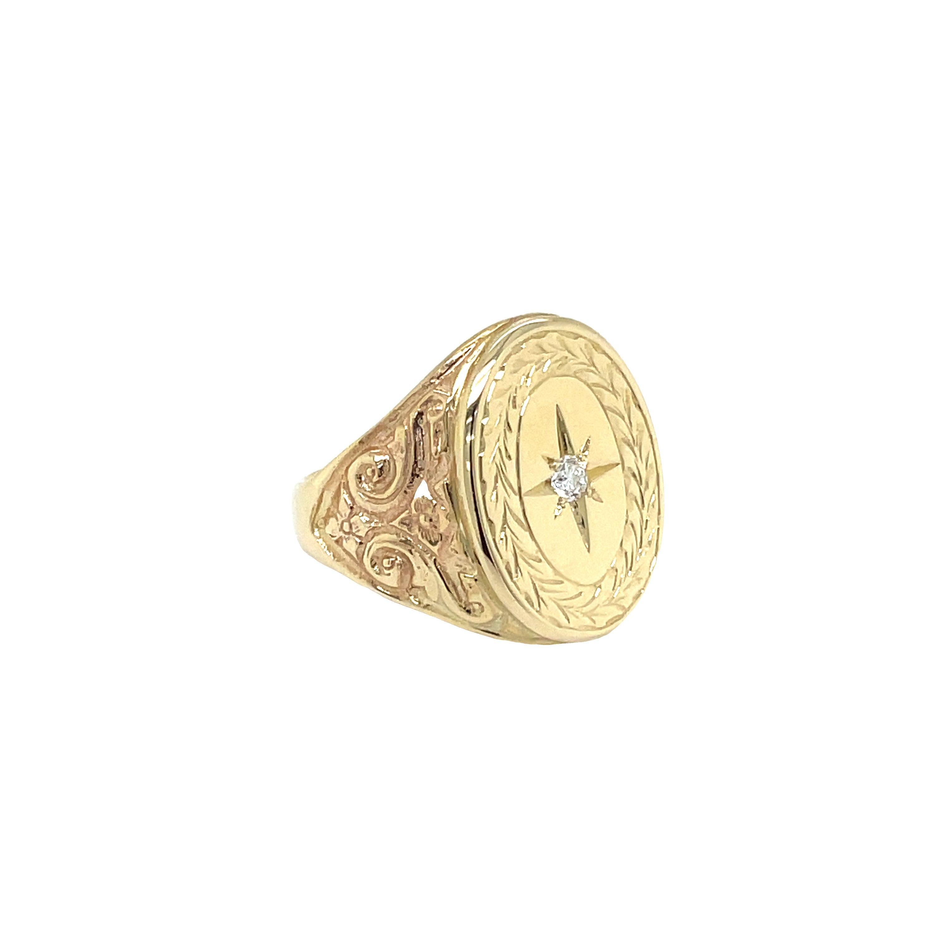 9ct Yellow Gold Oval Engraved Diamond Signet Ring