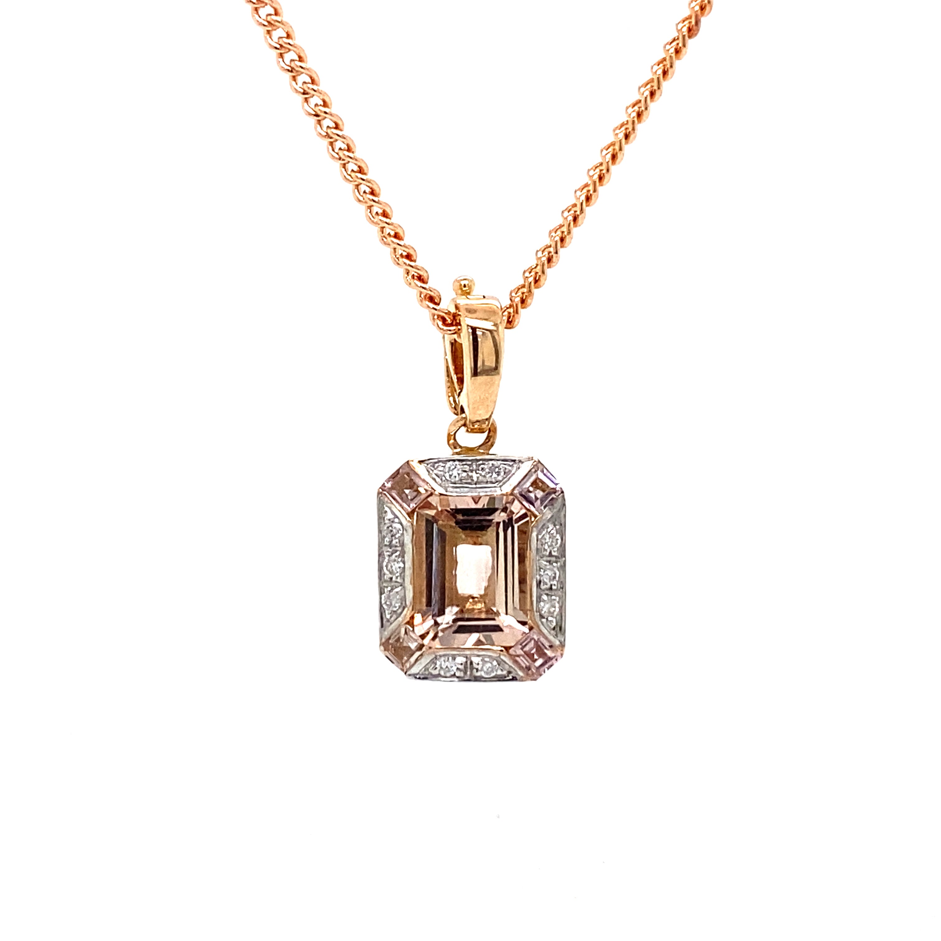 9ct rose gold morganite and diamond pendant