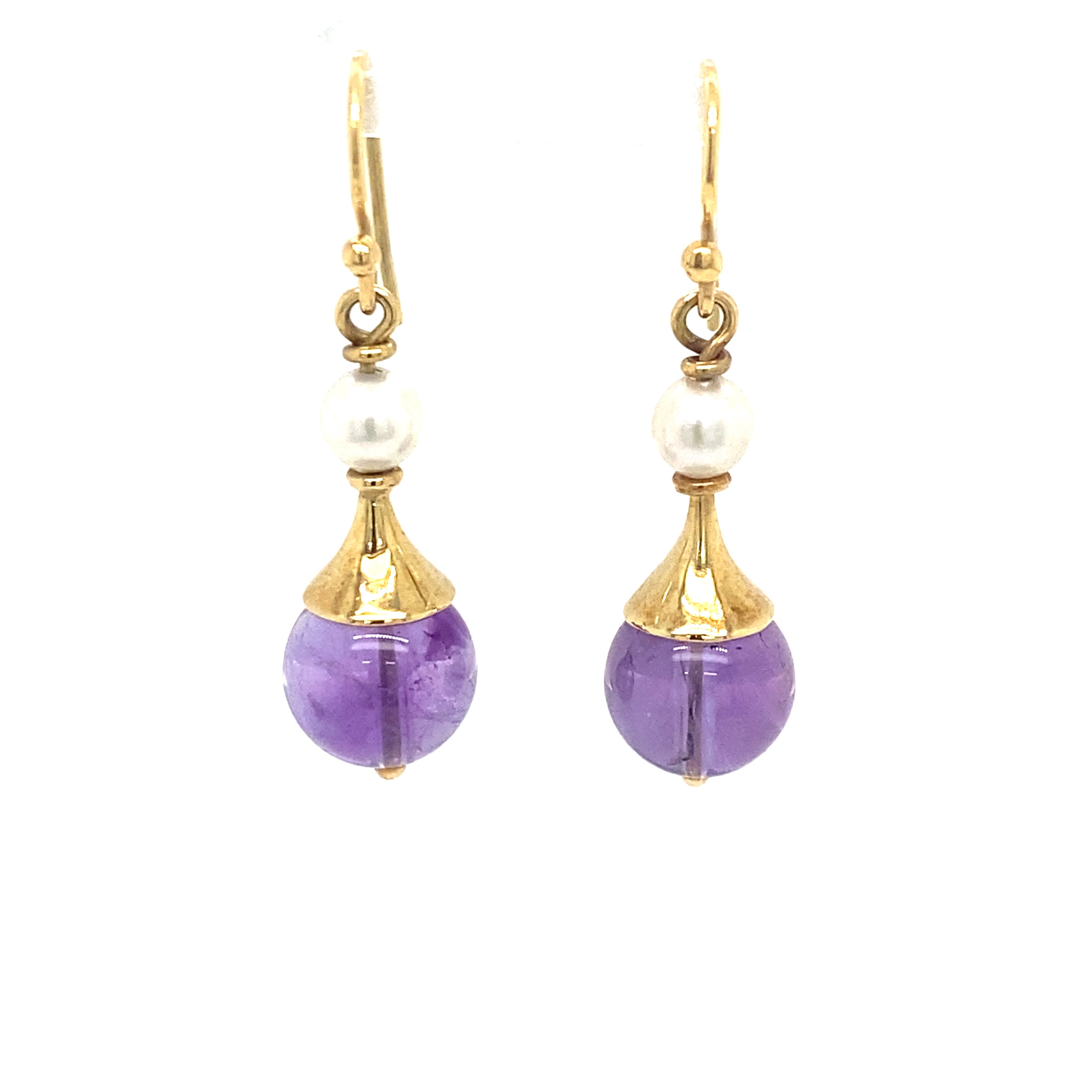 18ct yellow gold custom made amethyst and pearl earring.