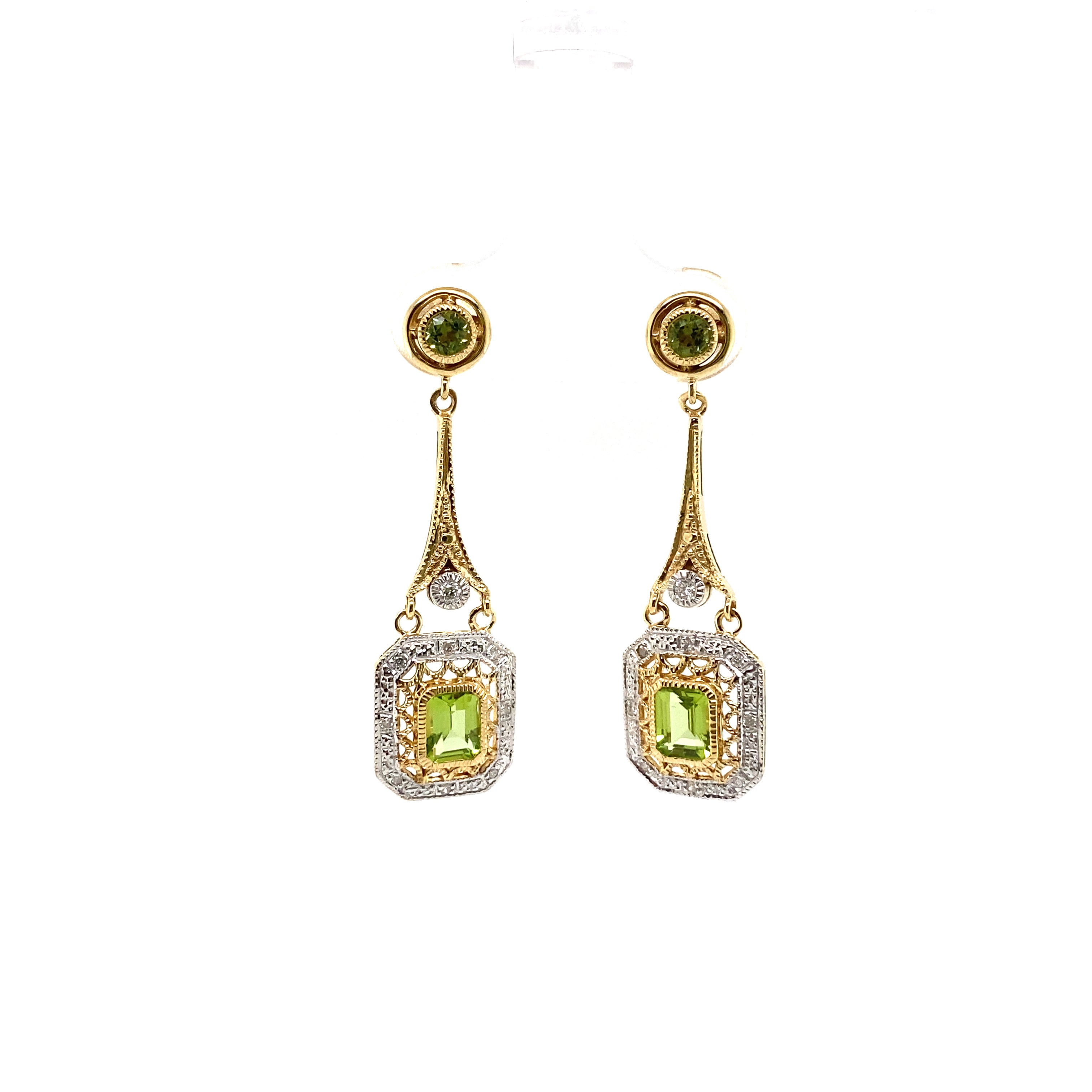 9ct yellow gold peridot and diamond earrings.
