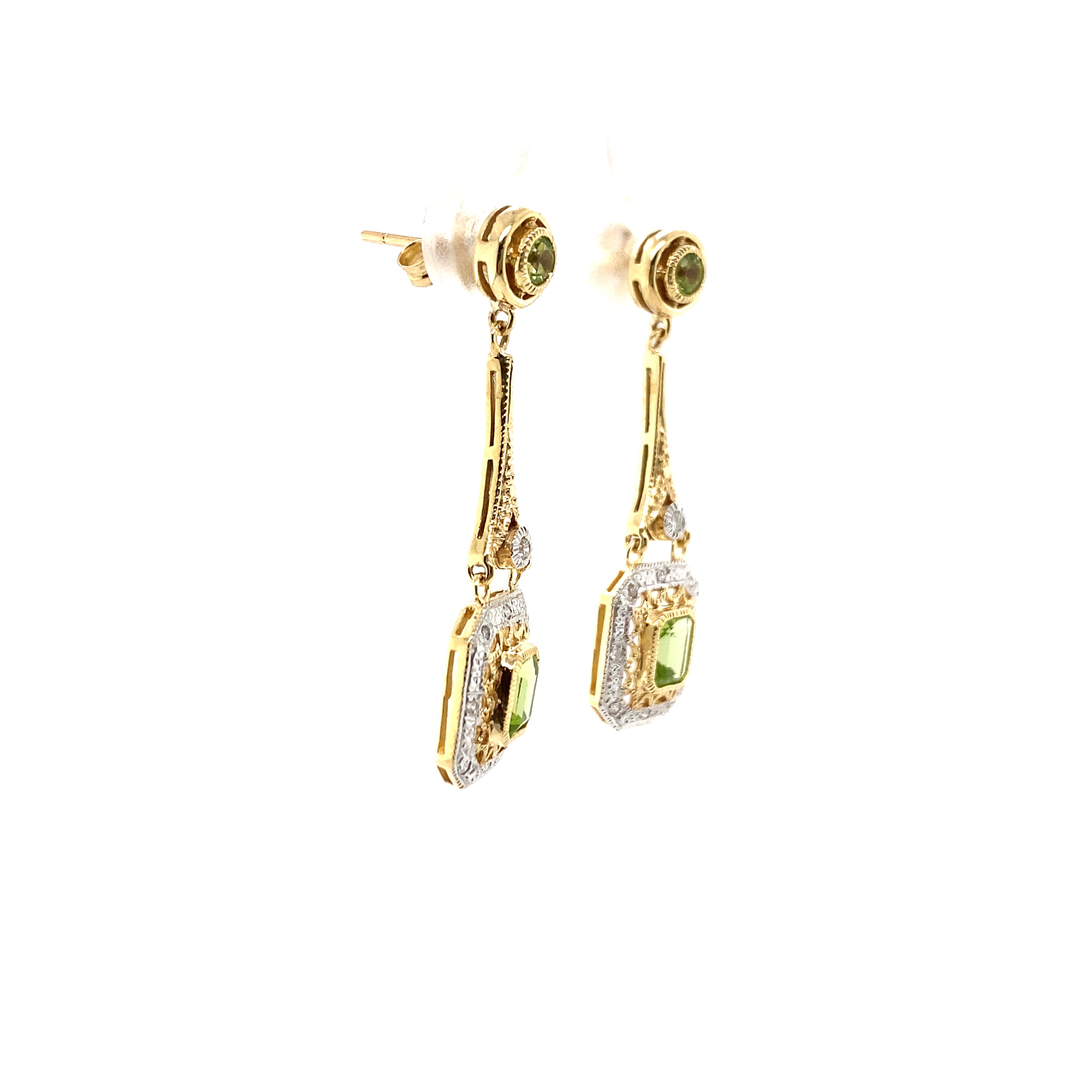9ct yellow gold peridot and diamond earrings.