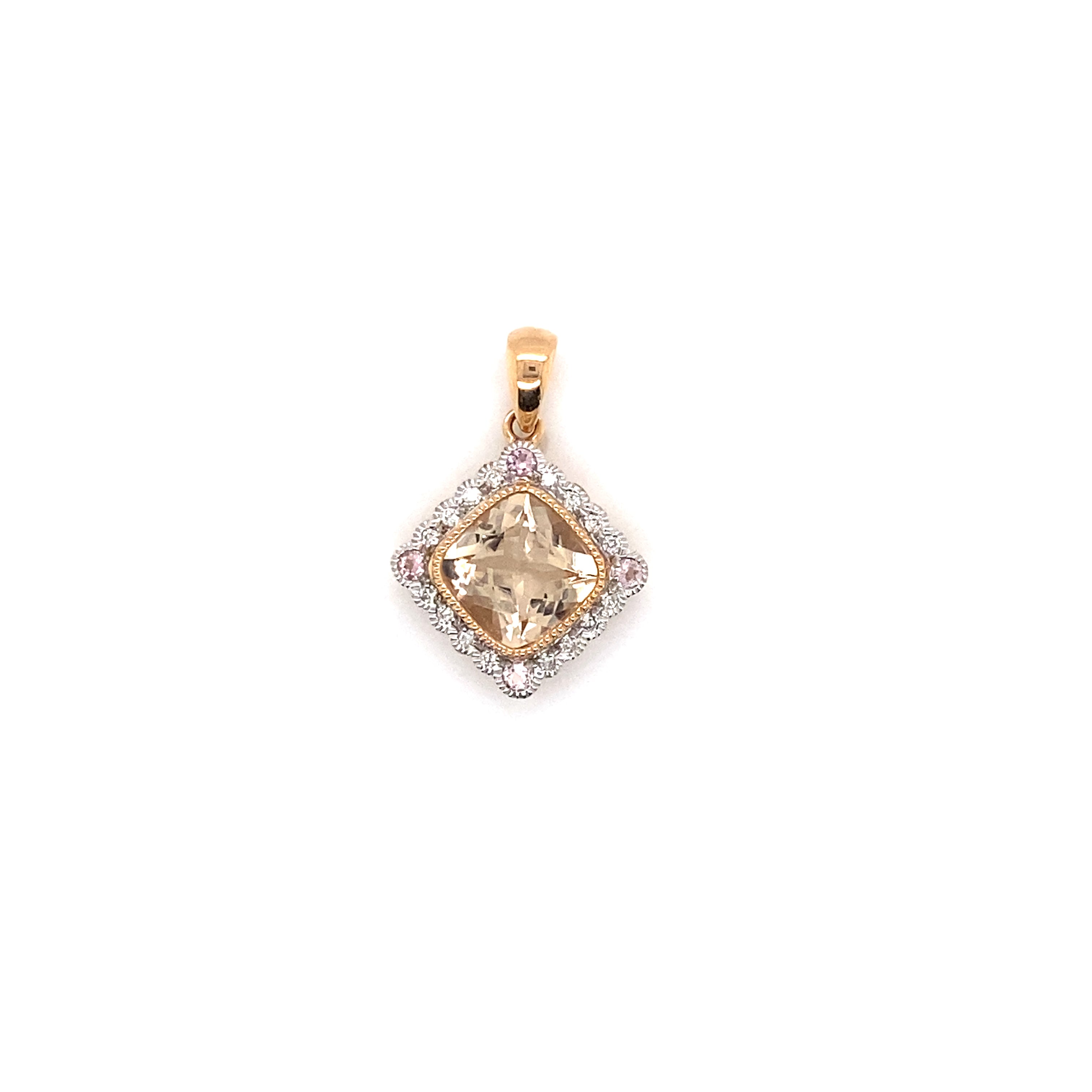 9ct rose gold morganite and diamond pendant.