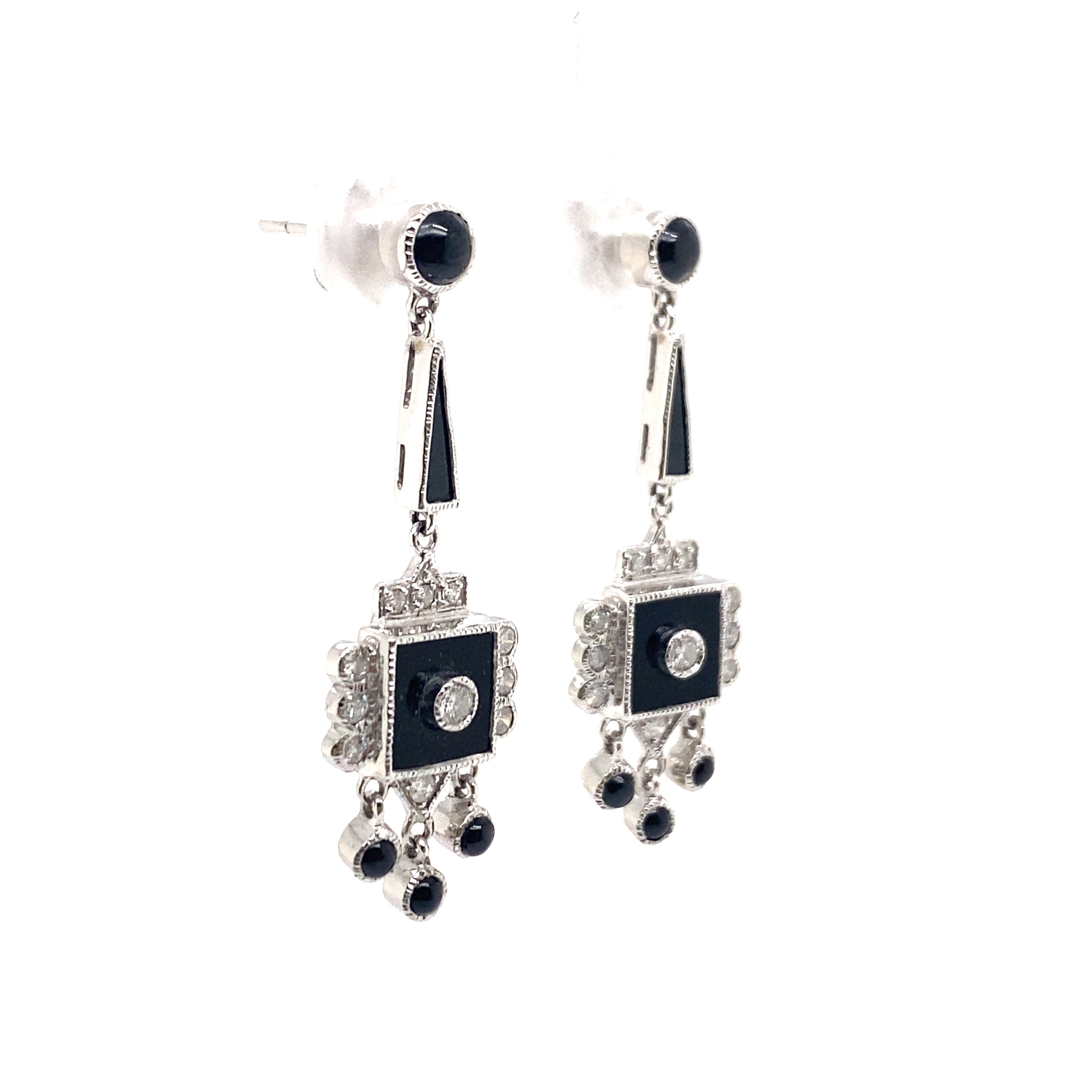 9ct white gold onyx and diamond drop earrings.