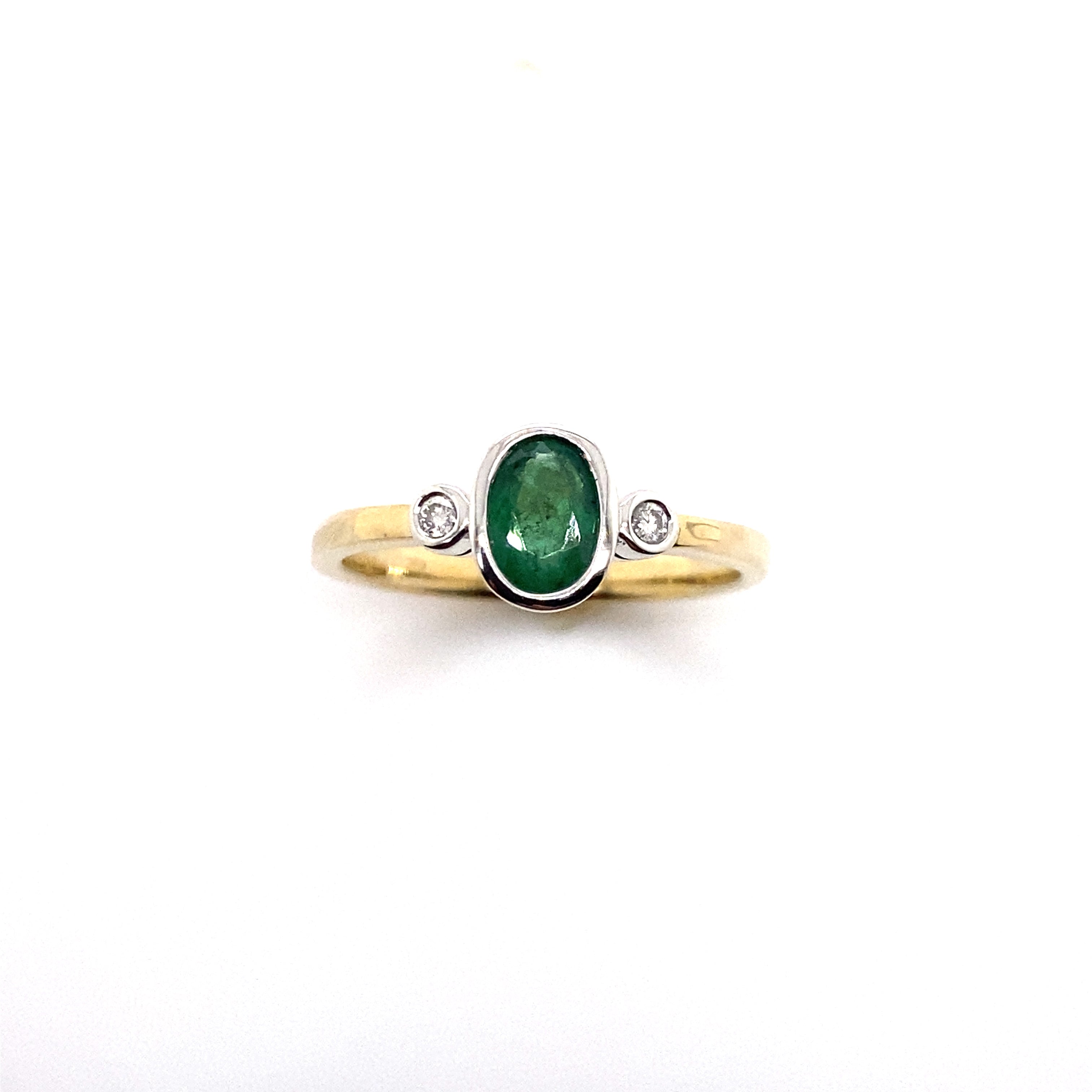 9ct yellow gold natural emerald and diamond ring.