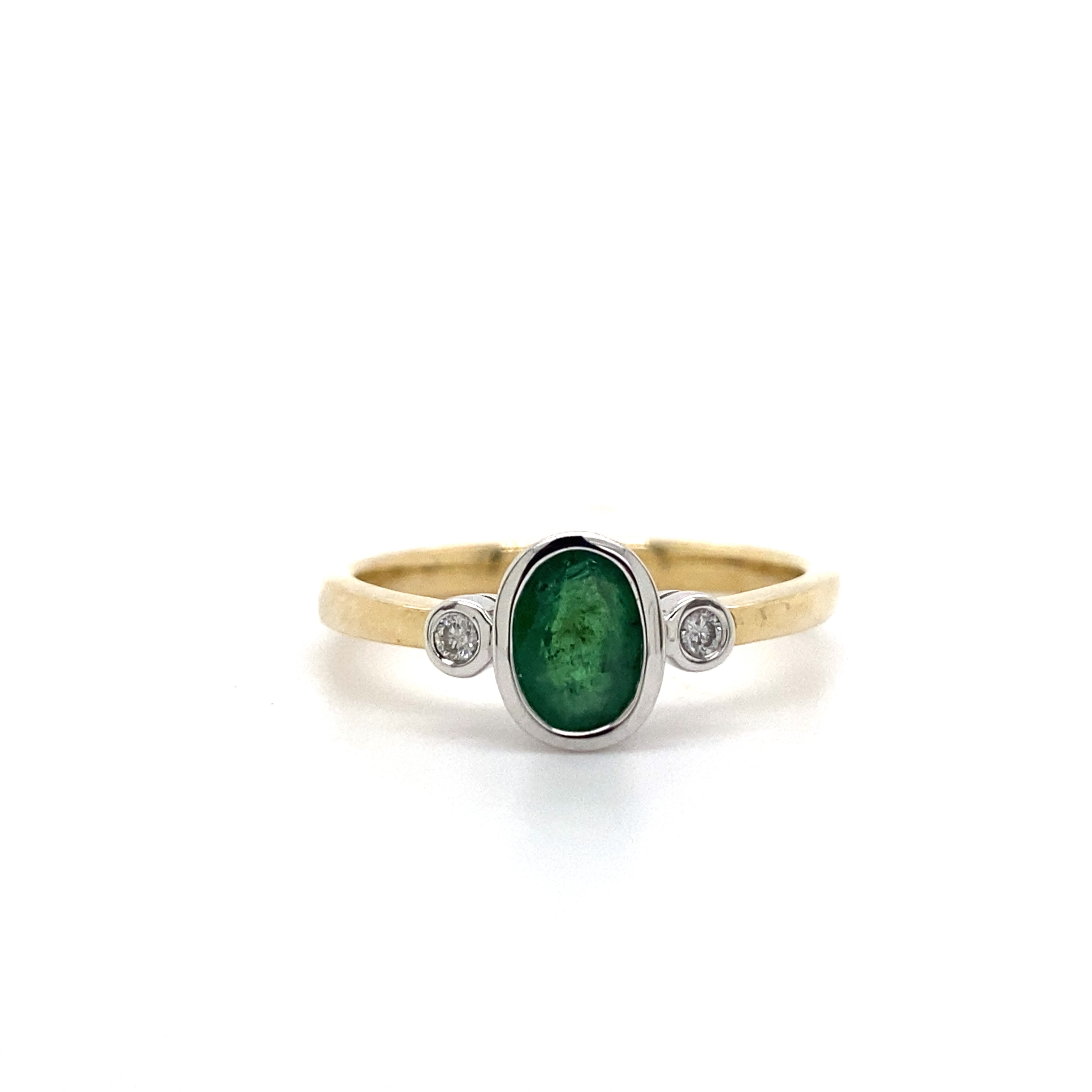 9ct yellow gold natural emerald and diamond ring.