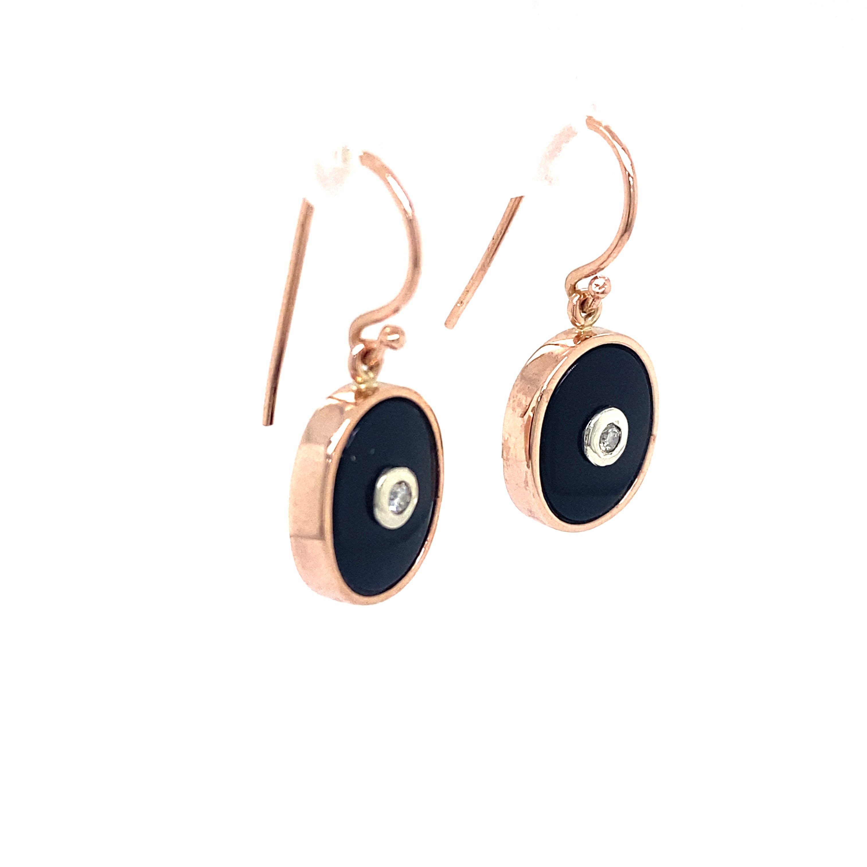 9ct rose gold onyx and diamond earrings.