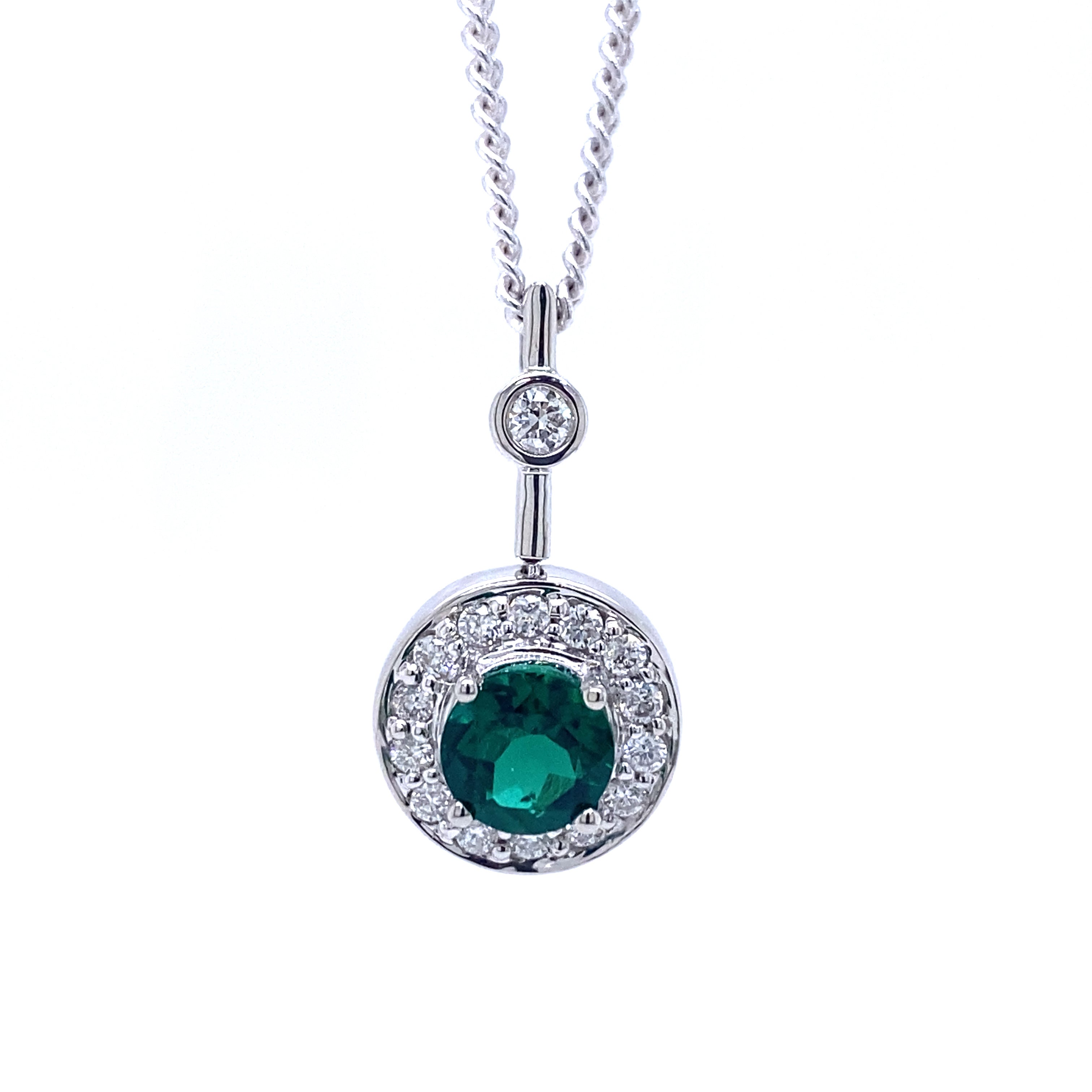 9ct White Gold Created Emerald and Diamond Pendant