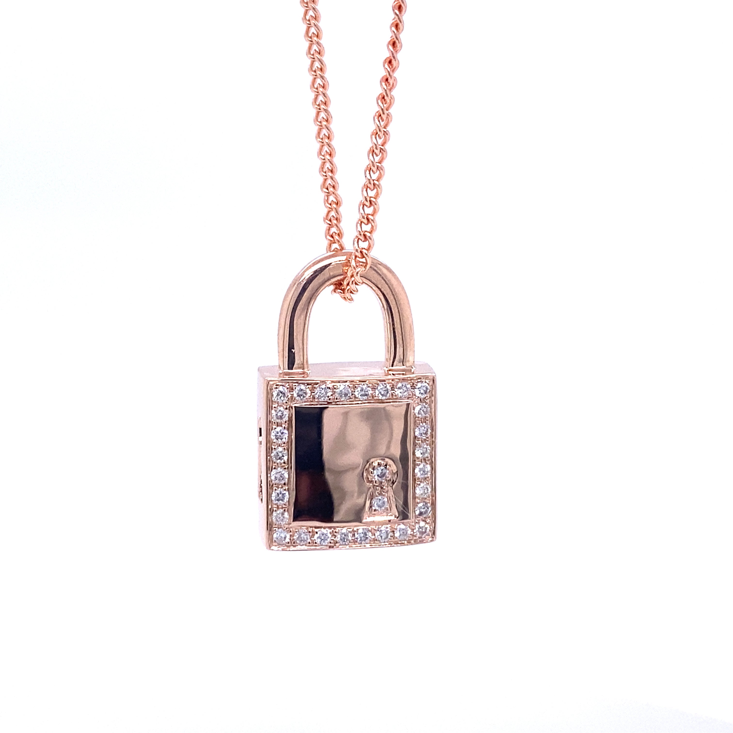 9ct rose gold diamond padlock pendant.