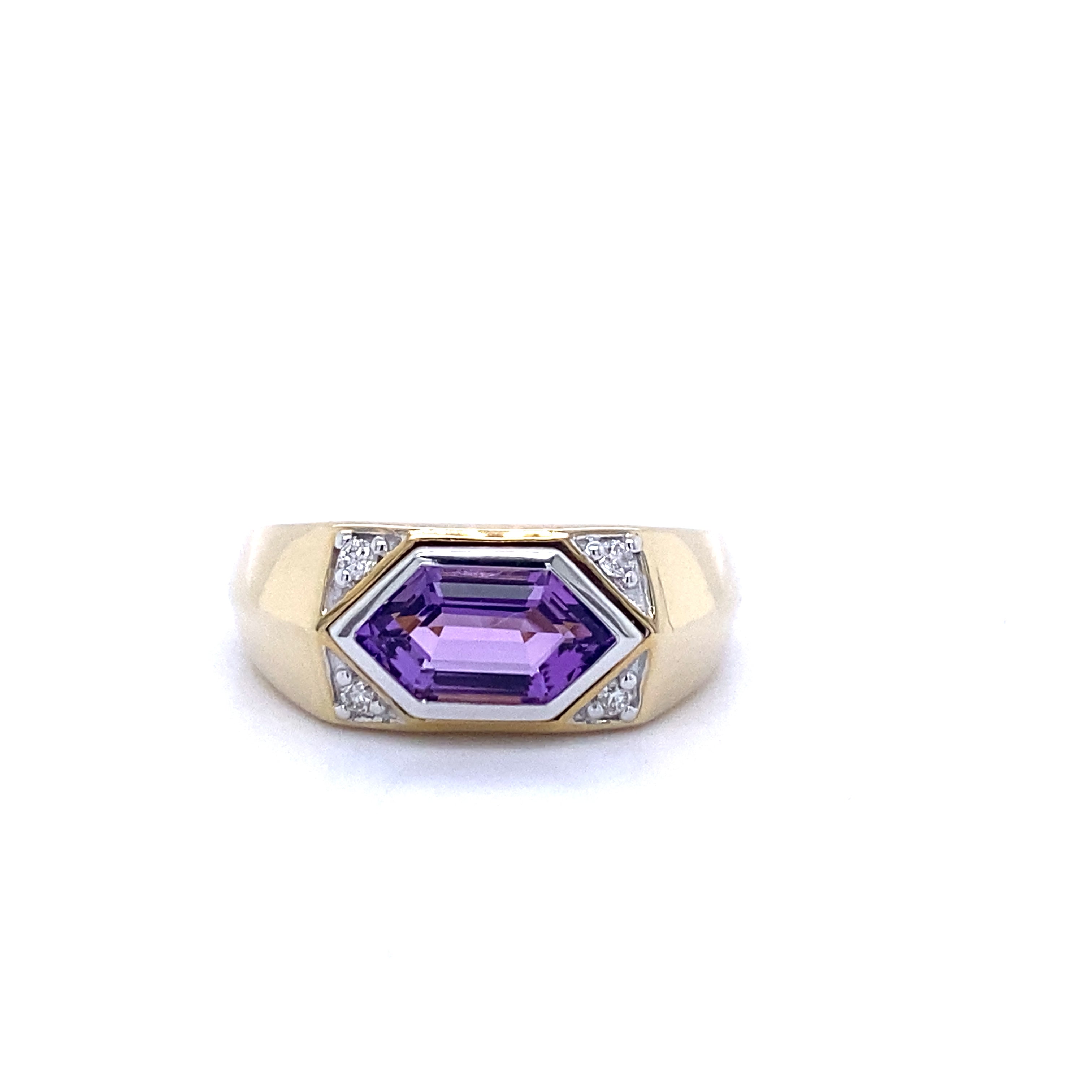 9ct yellow gold amethyst and diamond ring.