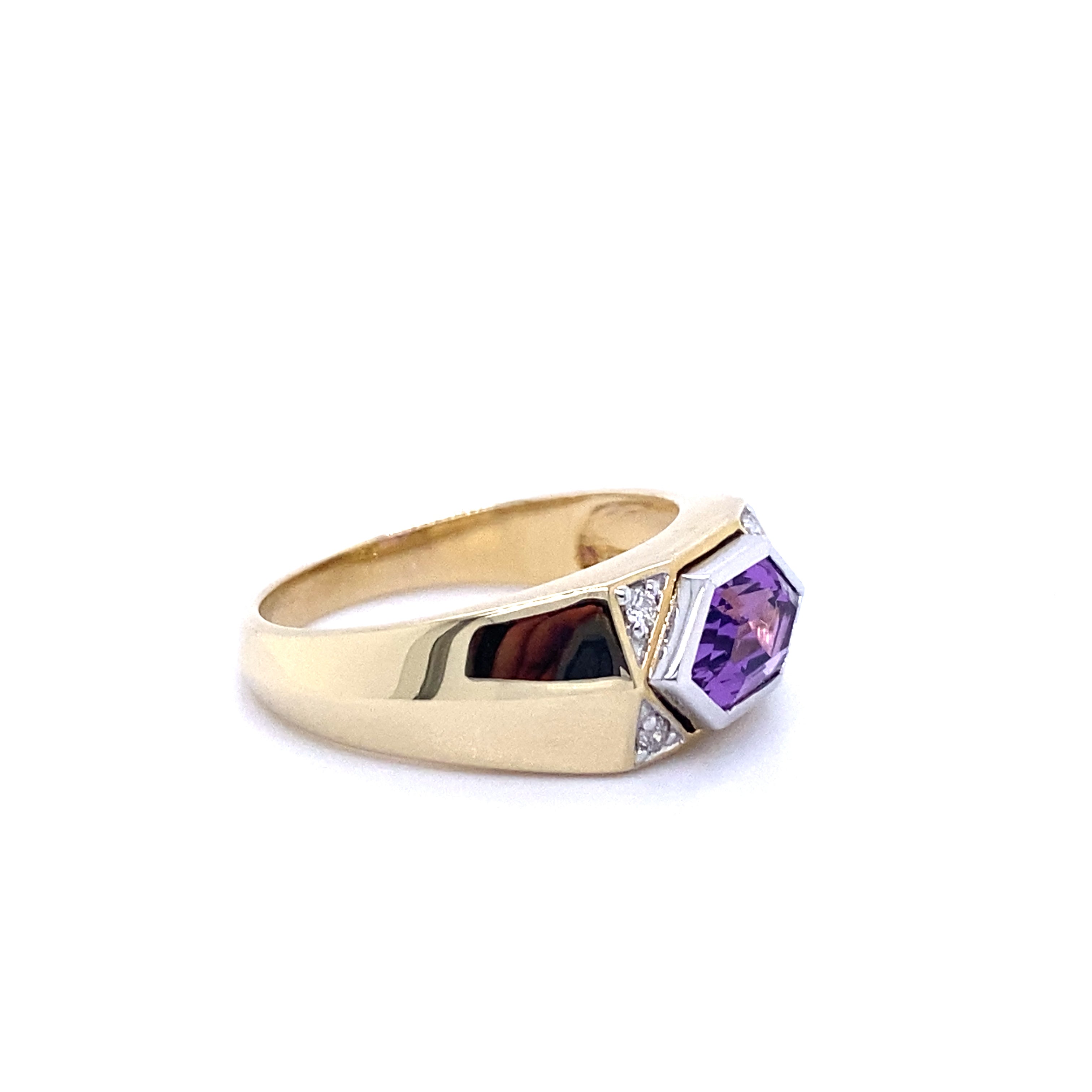 9ct yellow gold amethyst and diamond ring.