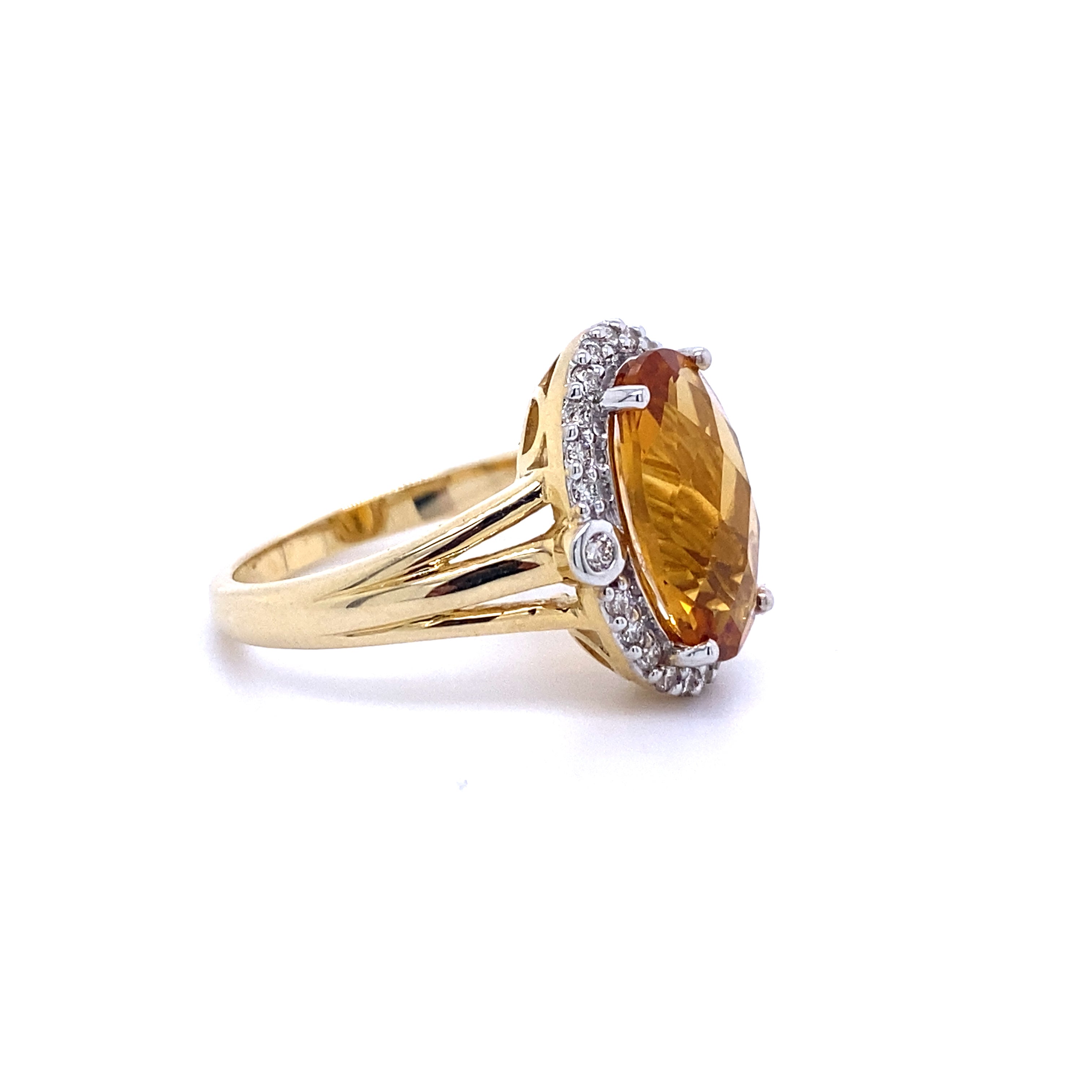 9ct yellow gold citrine and diamond ring.