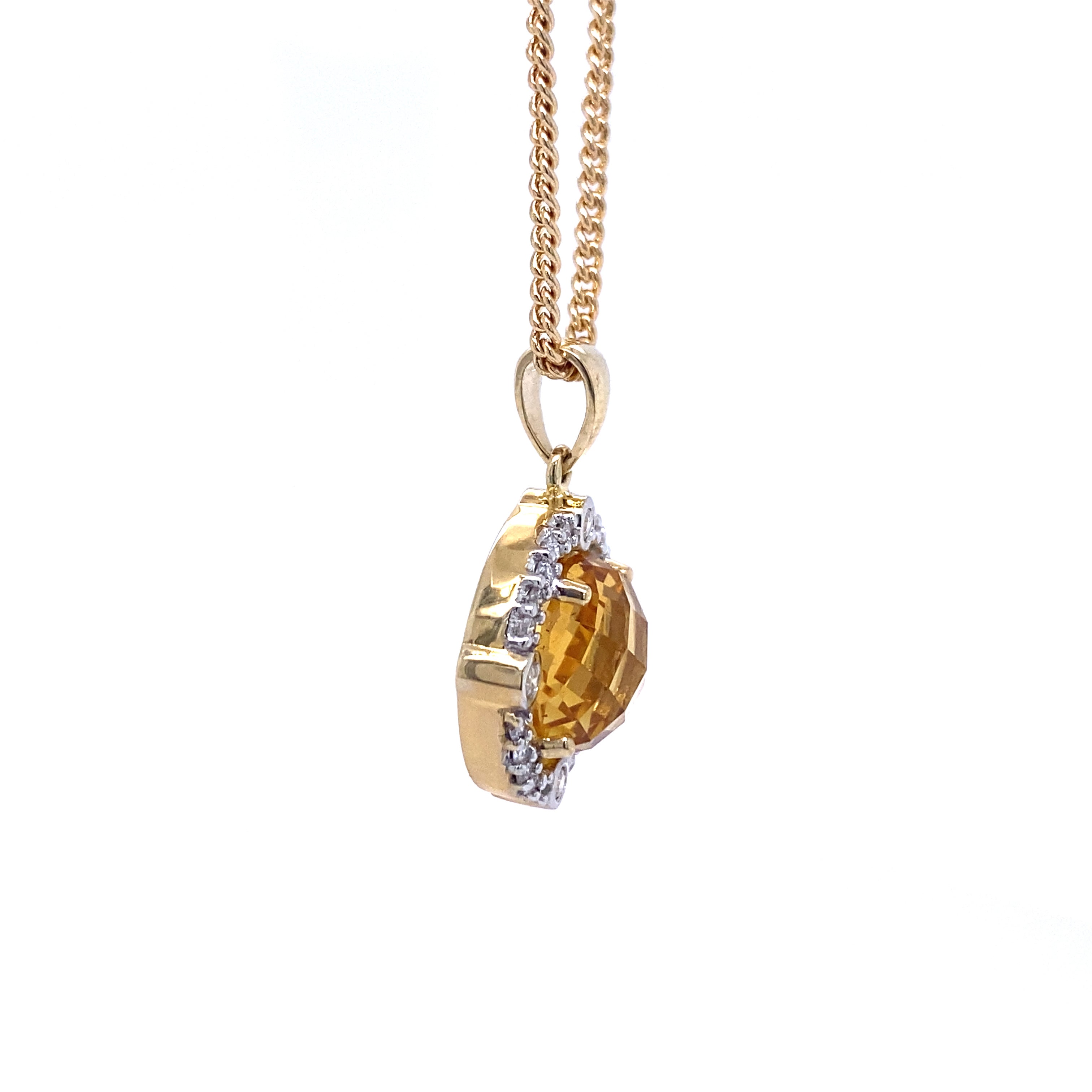 9ct yellow gold citrine and diamond pendant.