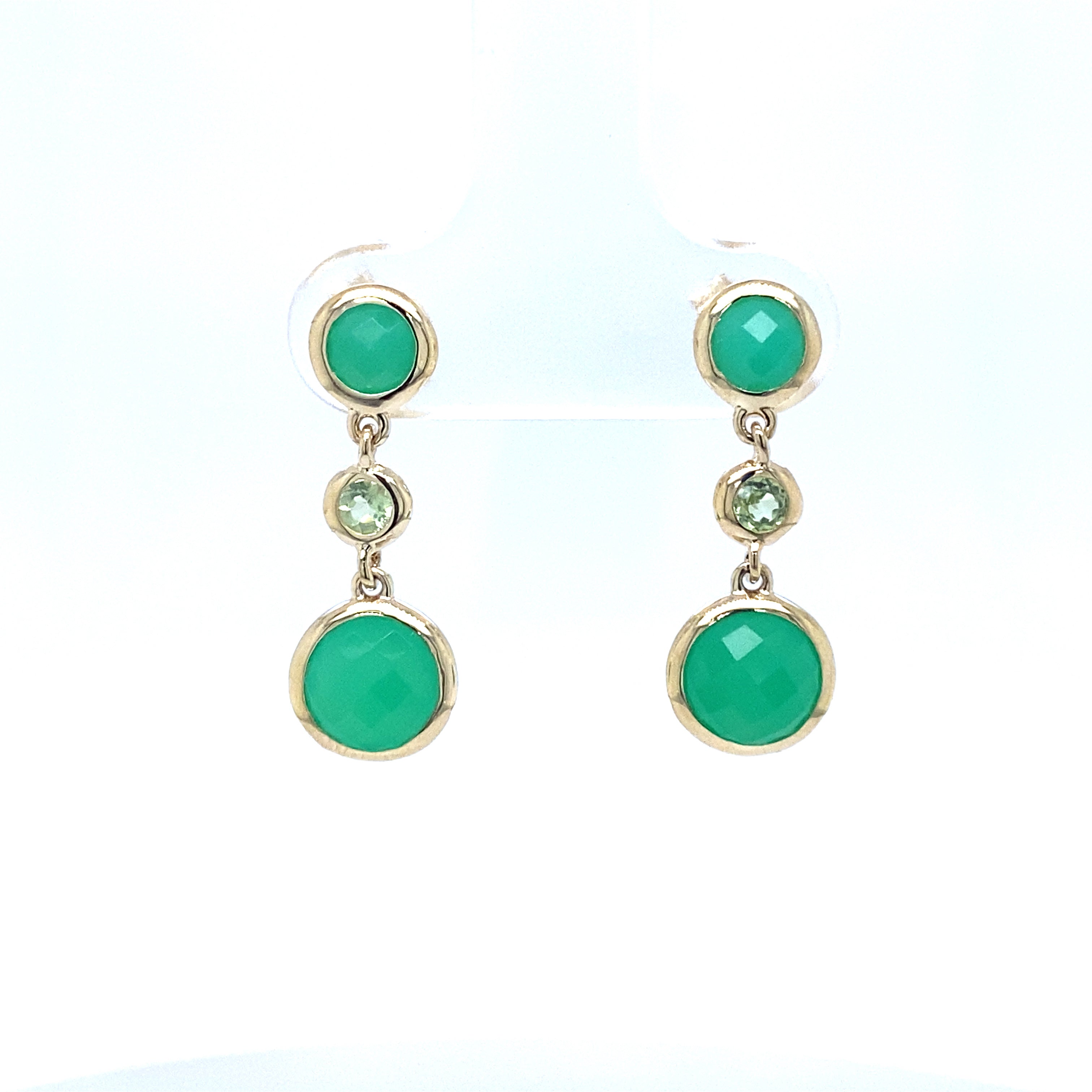 9ct yellow gold chrysoprase  and peridot earrings.