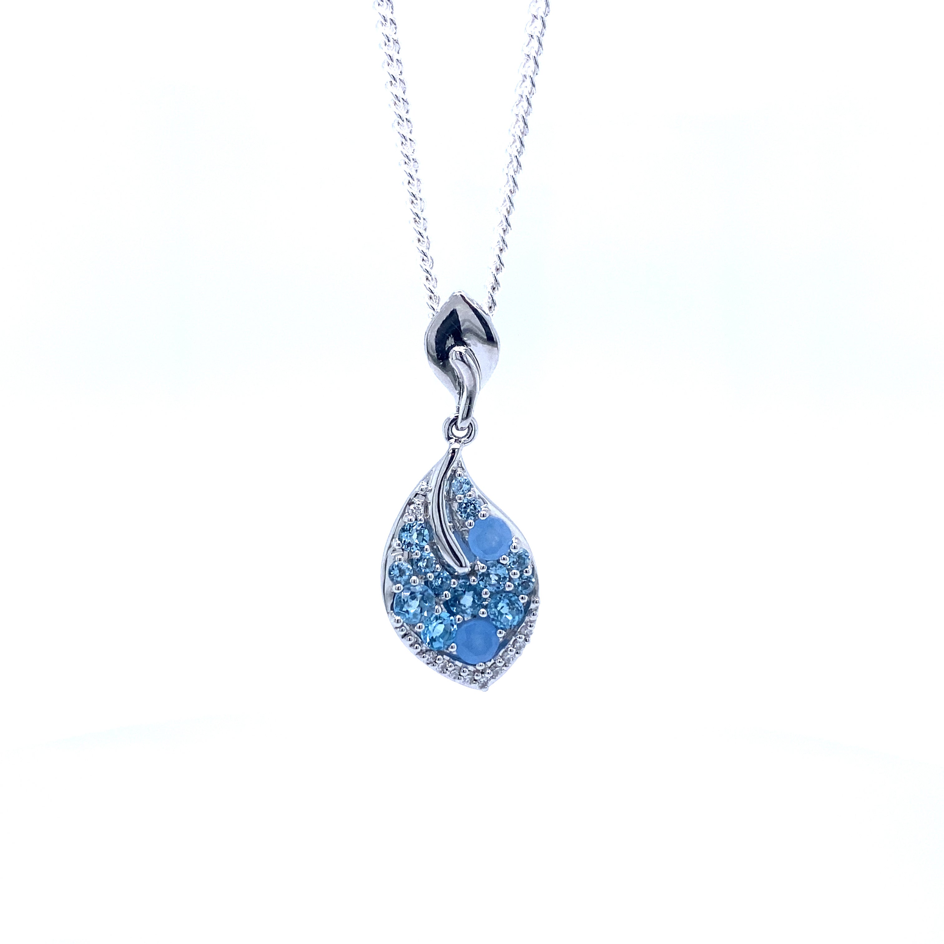 9ct white gold blue jade, blue topaz and diamond pendant.