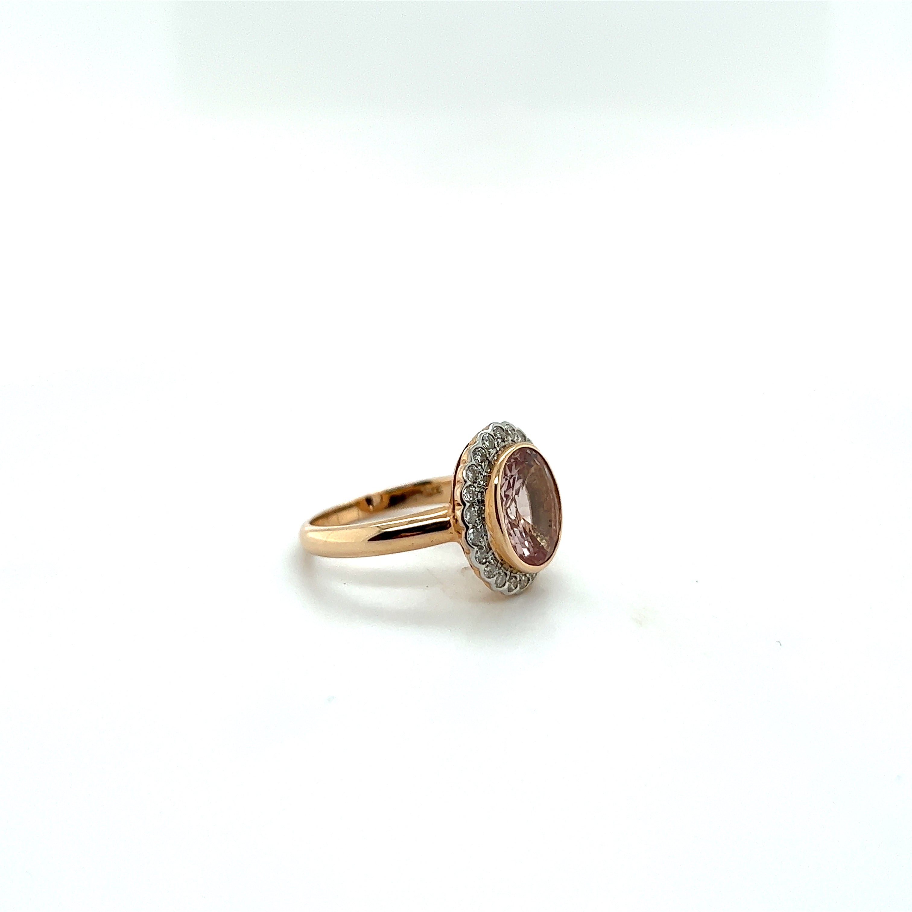 9ct rose gold morganite and diamond ring.
