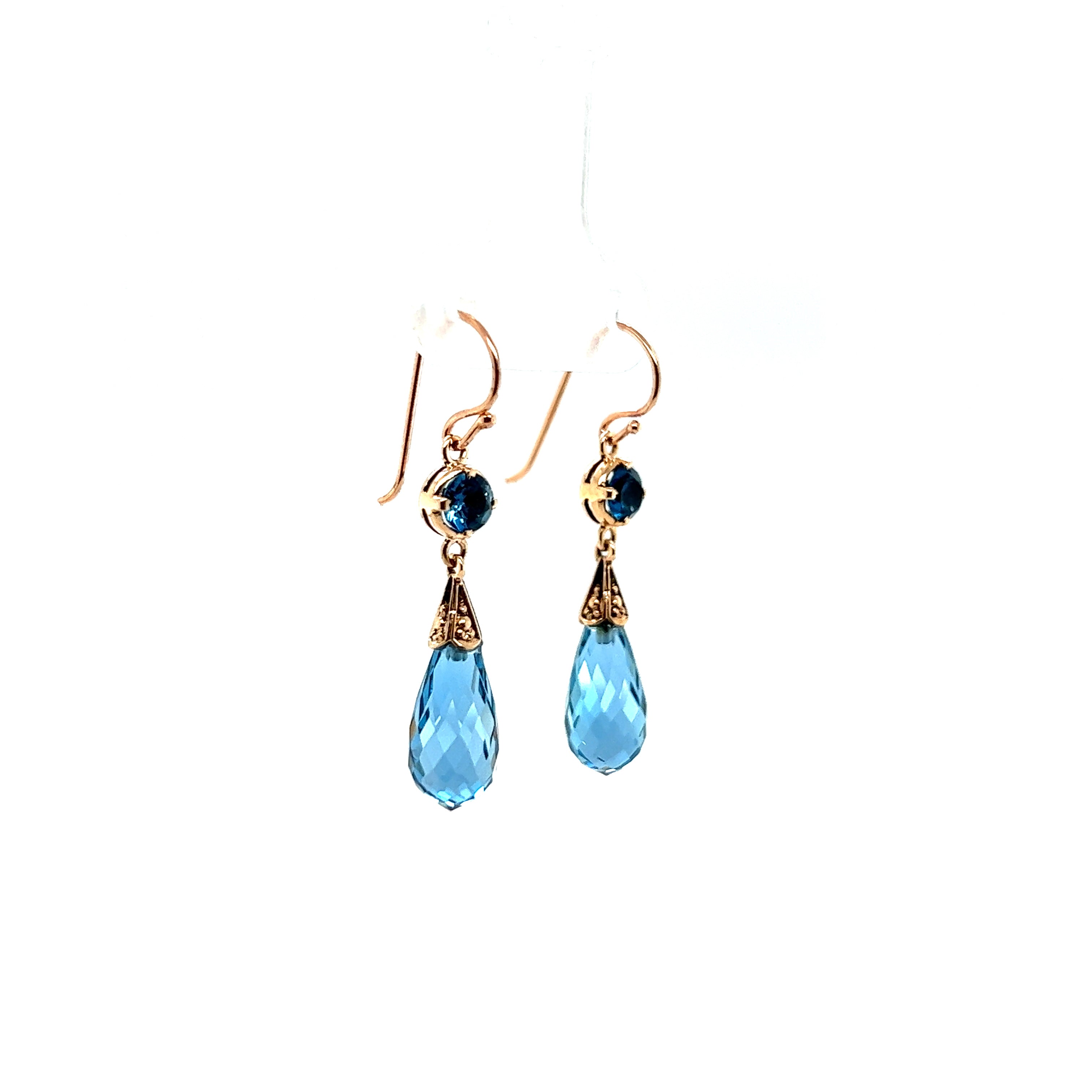 9ct rose gold briollette London blue topaz earrings.