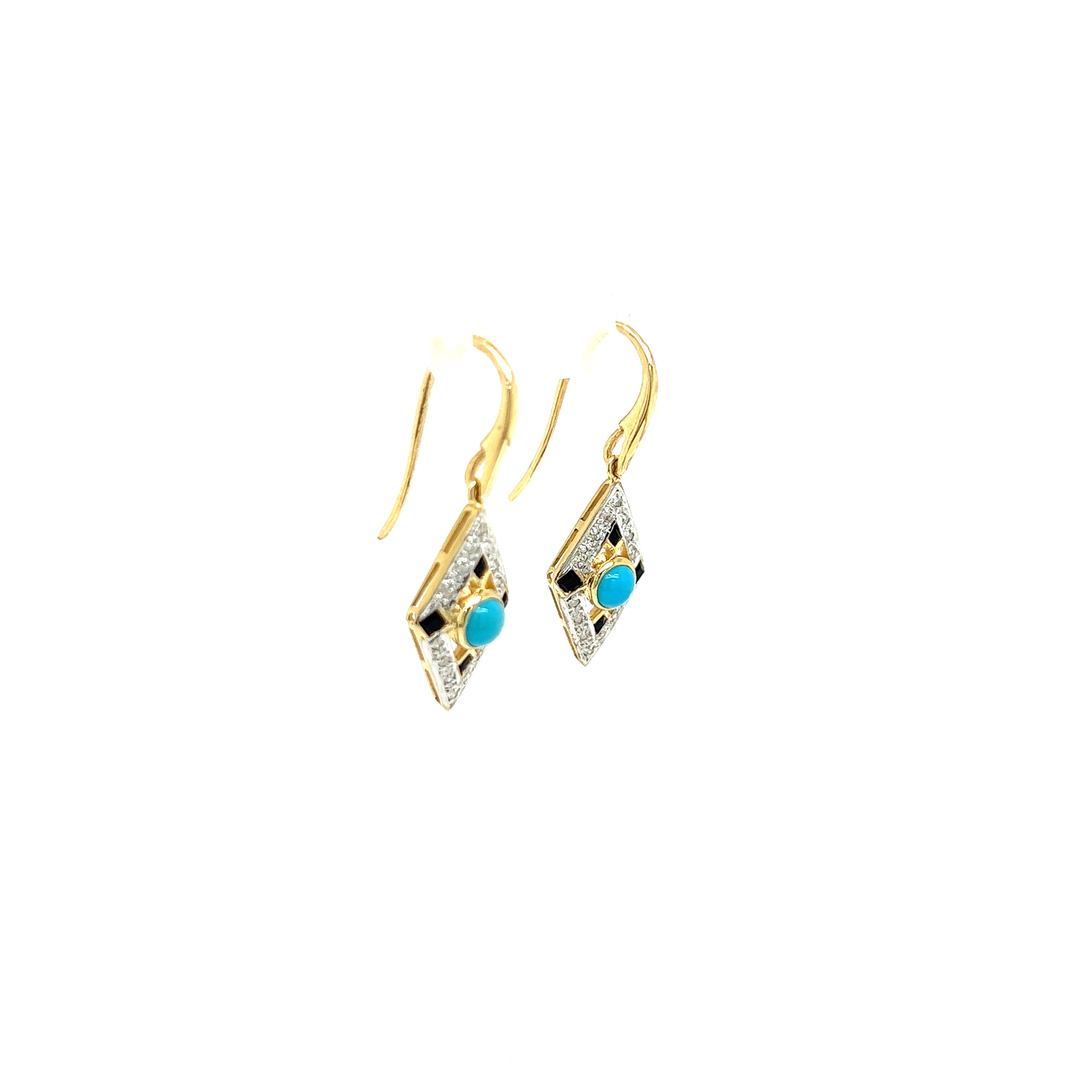 9ct yellow gold turquoise, onyx and diamond earrings.