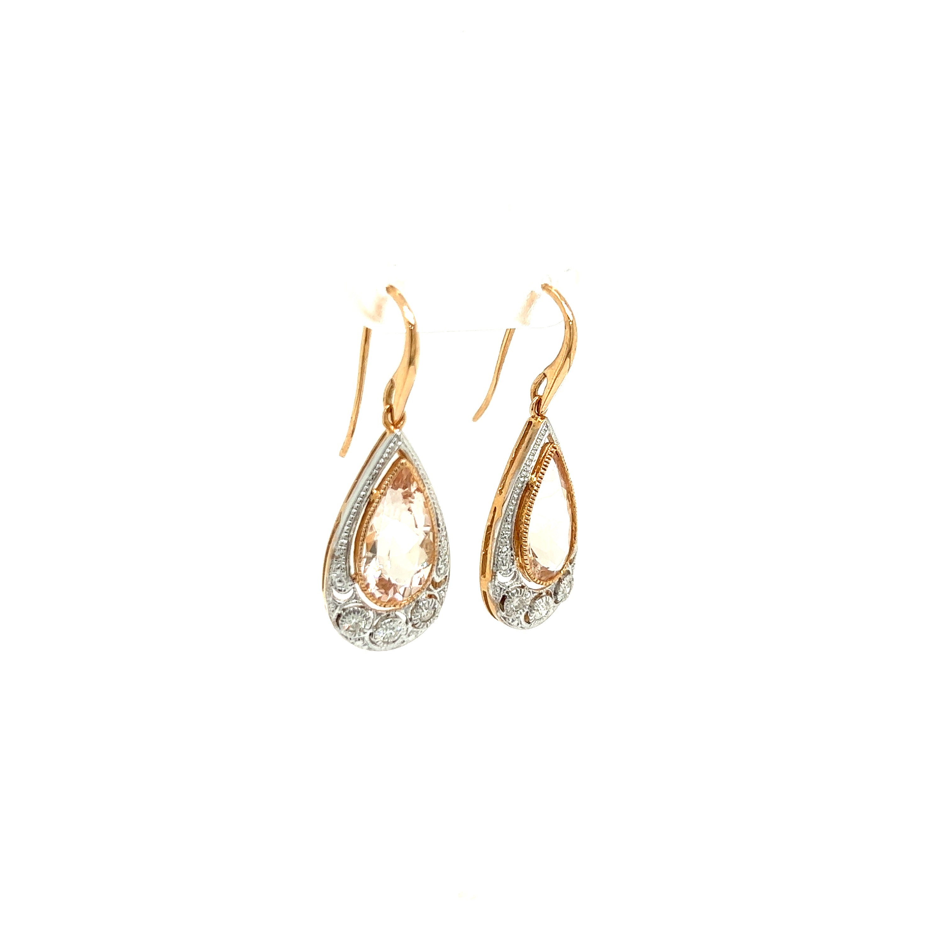 9ct rose gold morganite and diamond earrings.