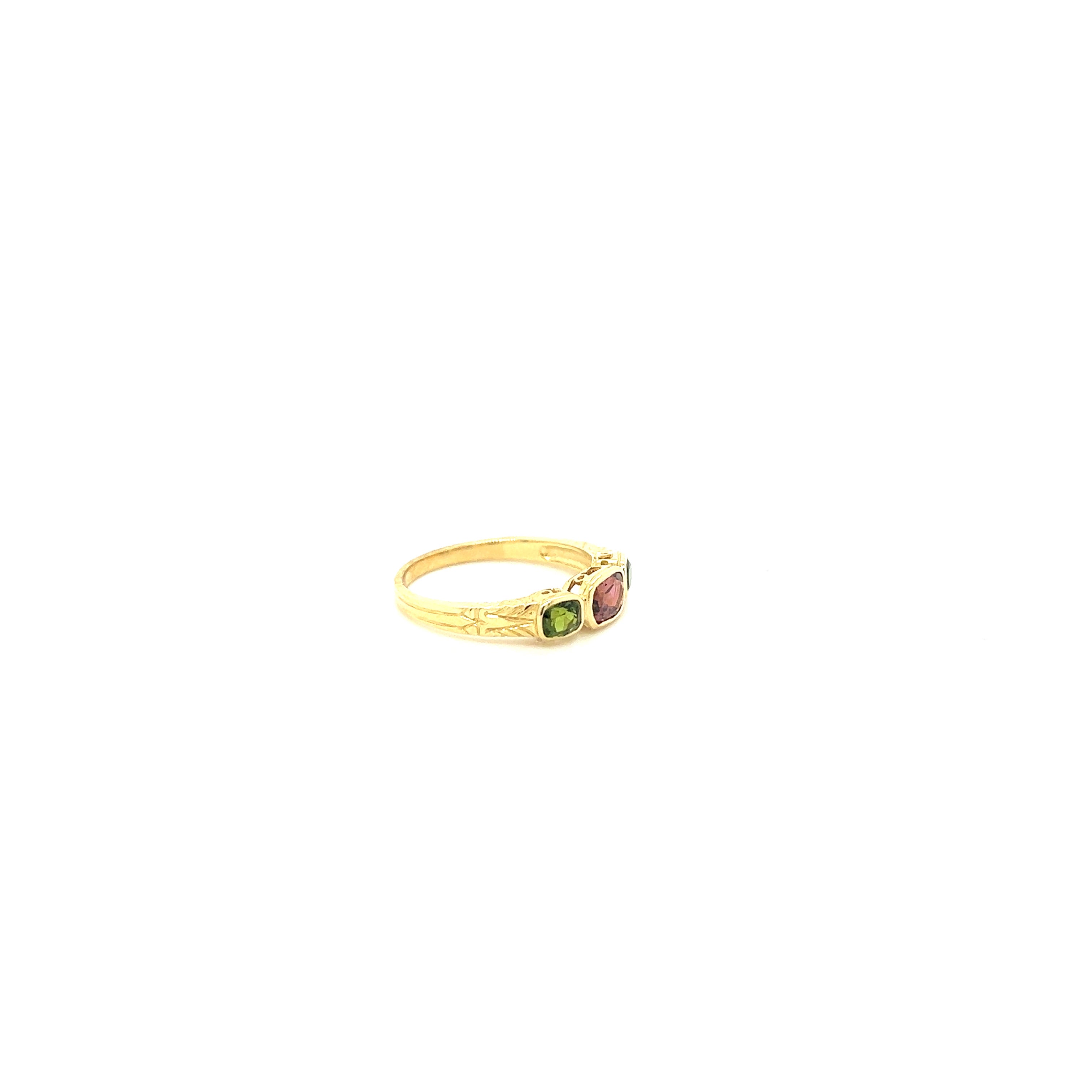9ct yellow gold pink tourmaline and green tourmaline ring.