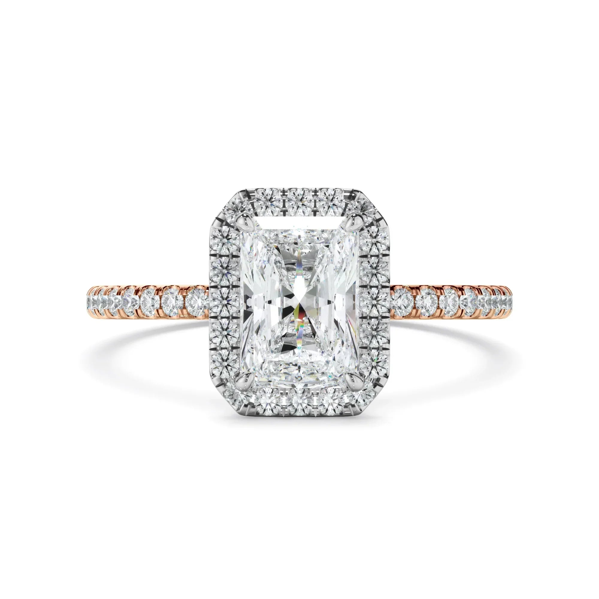 Radiant Cut Diamond Halo Engagement Ring With Pave Band