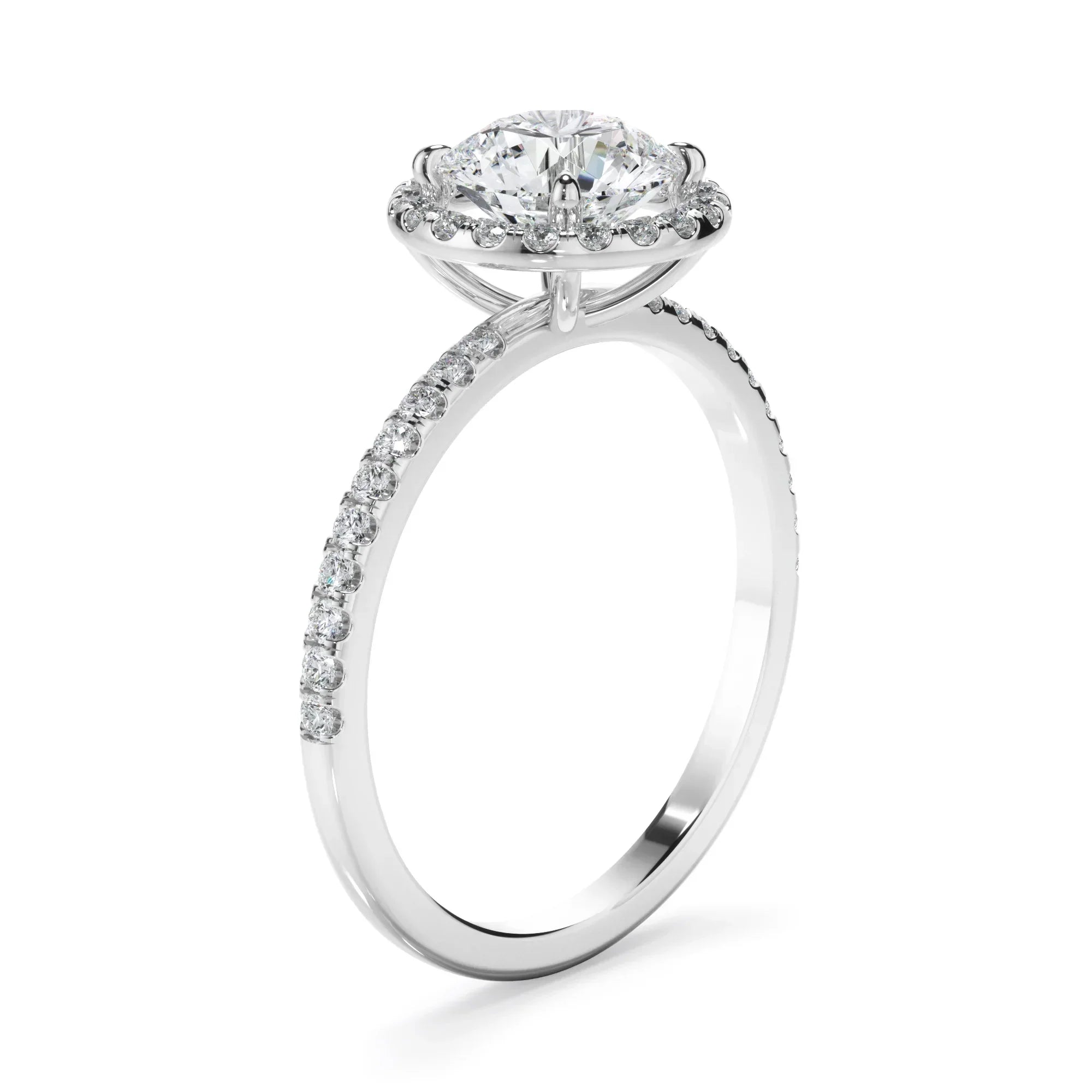 Round Brilliant Cut Diamond Halo Engagement Ring With Pave Band