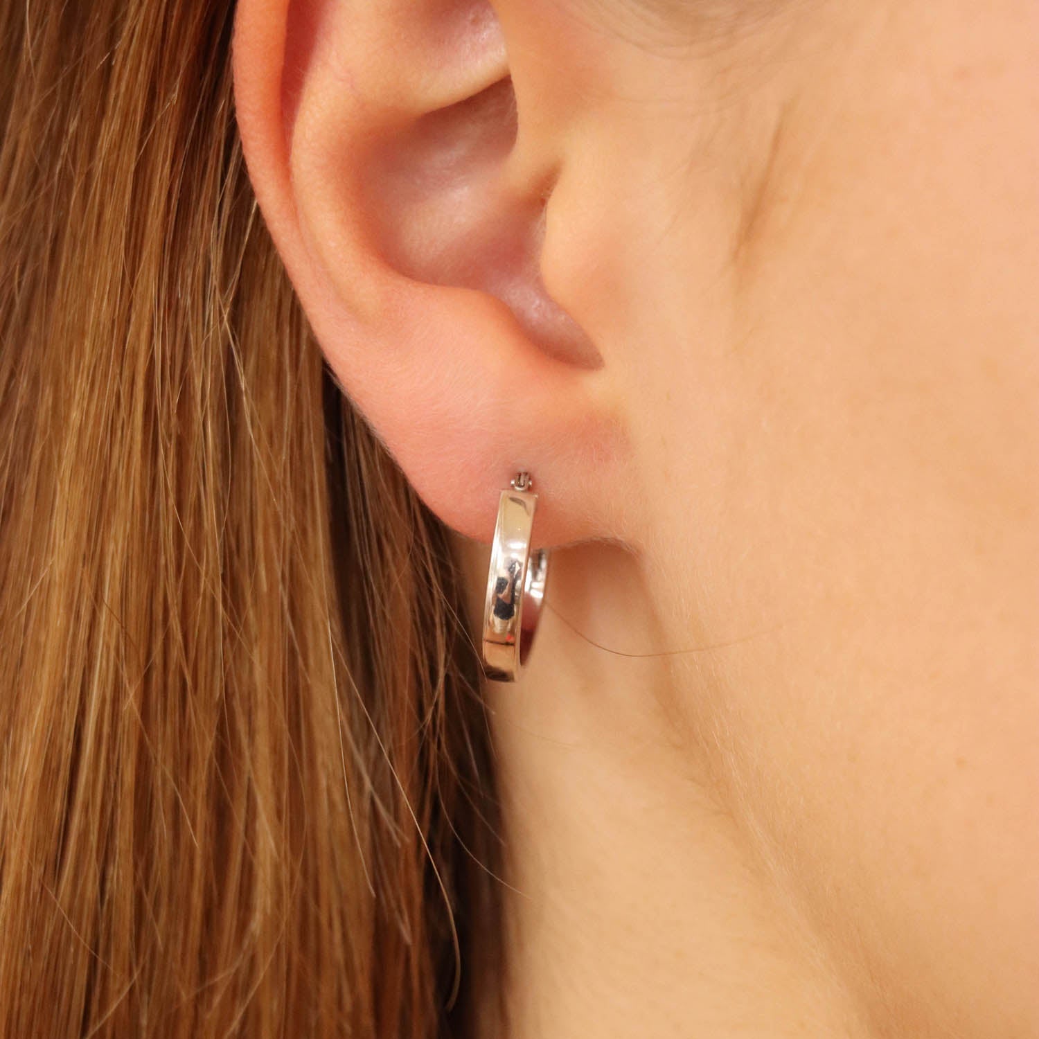 9ct White Gold 3mm Rectangular-Tube 15mm Hoop Creole Earrings