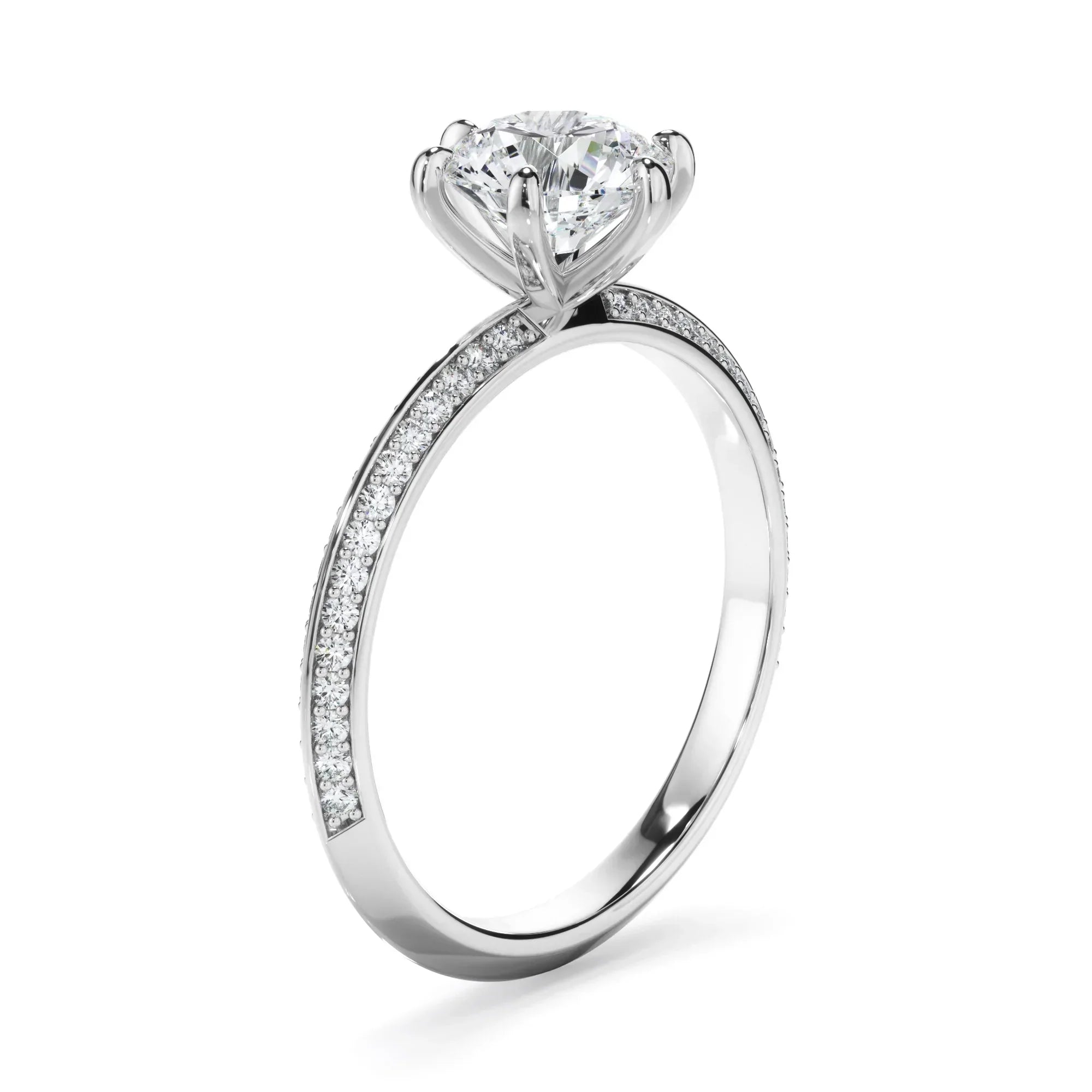 Round Brilliant Cut Diamond Knife Edge Engagement Ring With Diamond Pave Sides