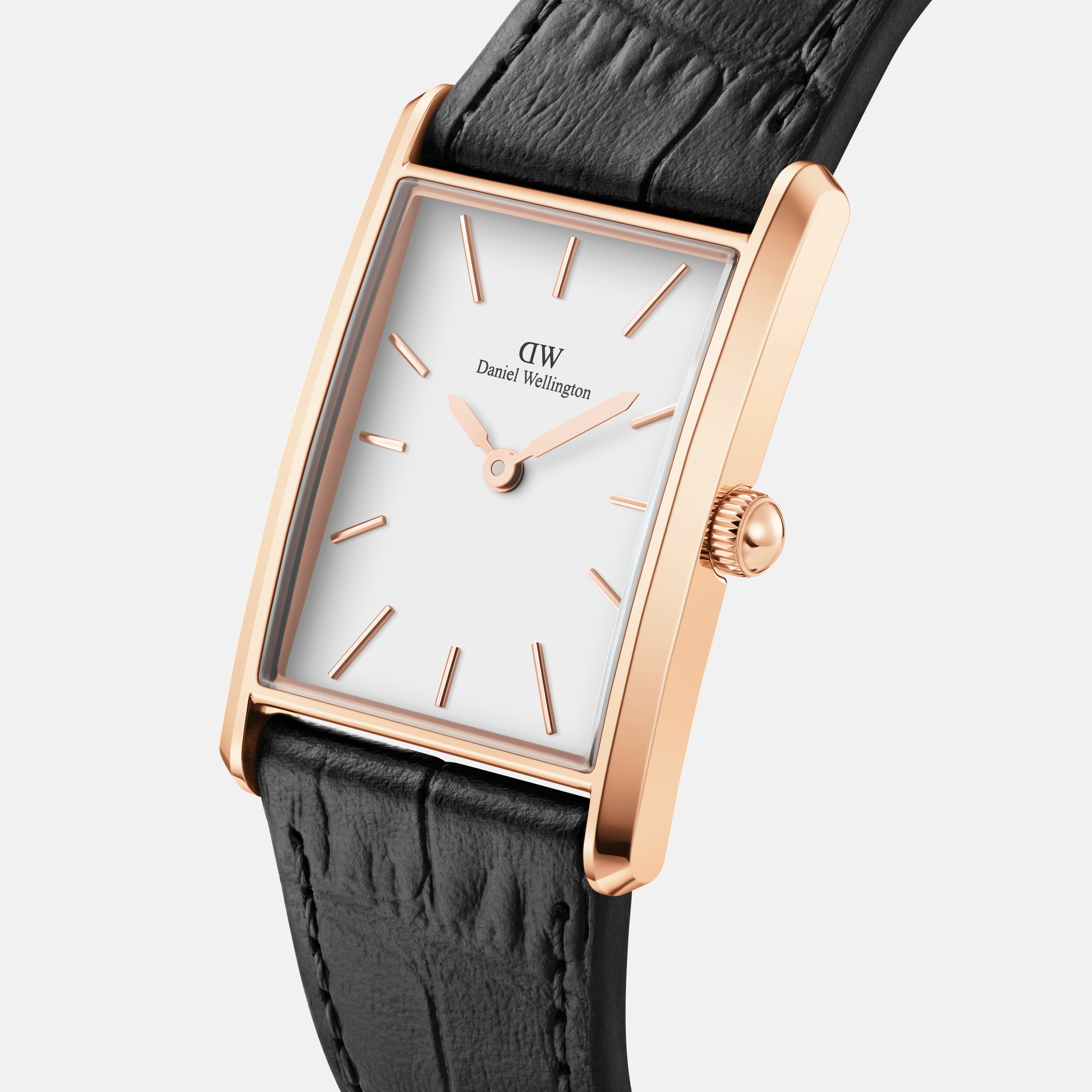 Daniel Wellington Bound 35x24 Black Croc Leather Rose Gold White Watch