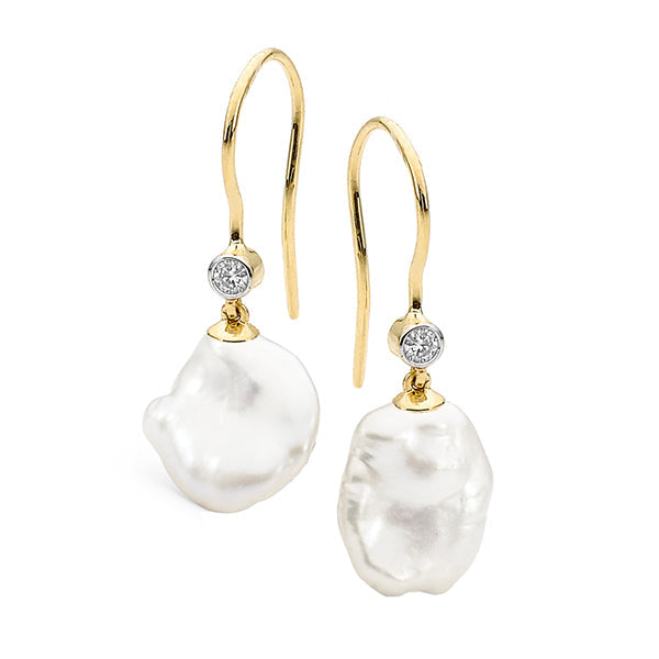 9ct Yellow Gold Freshwater Pearl Keshi Diamond Shepherd Hook Earrings